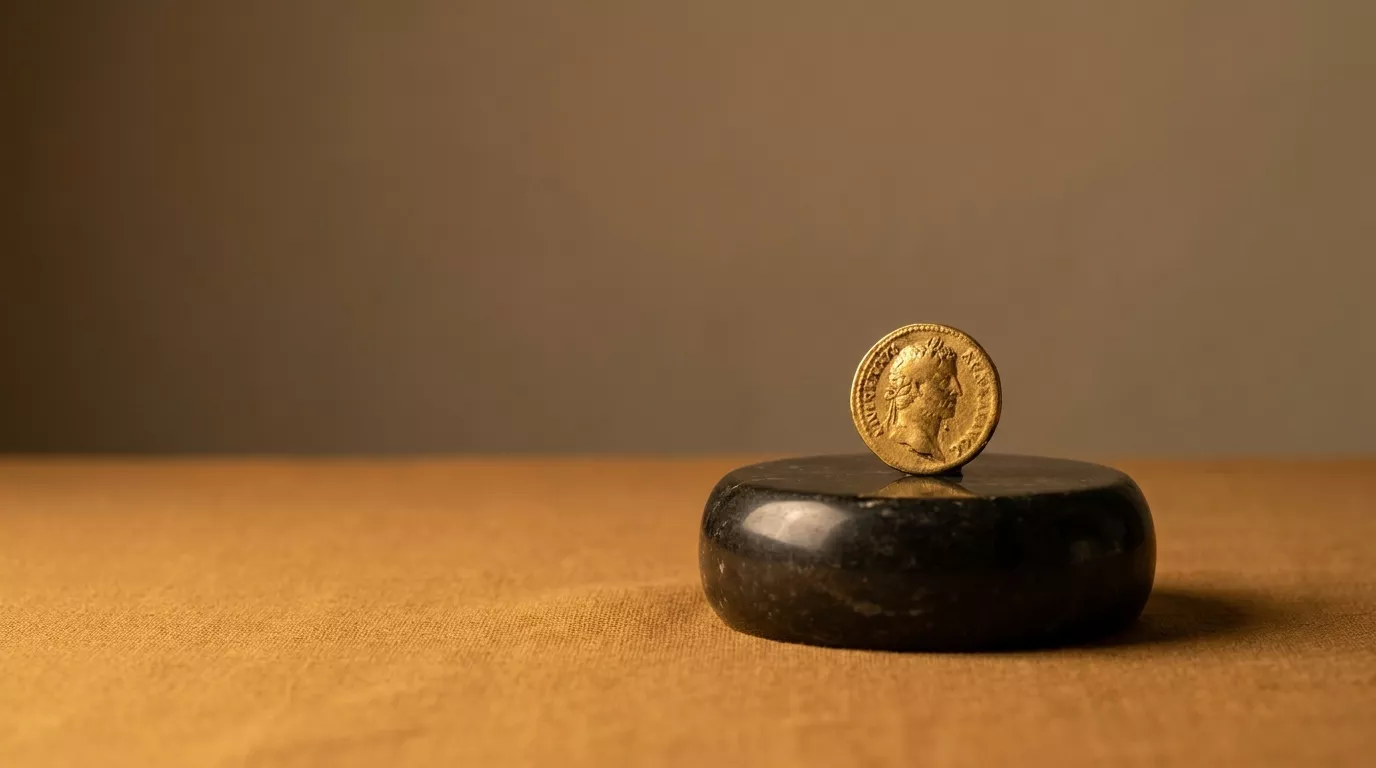 A single gold coin resting on a stone pedestal, the physical asset behind a gold IRA.